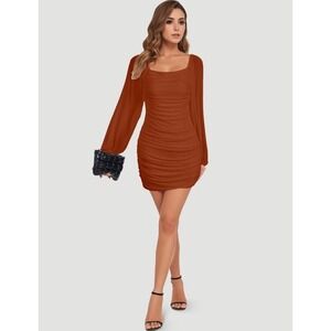 Ruched‎ Bodycon Dress Long Sleeve Square Neck Party Cocktail Mini Size M